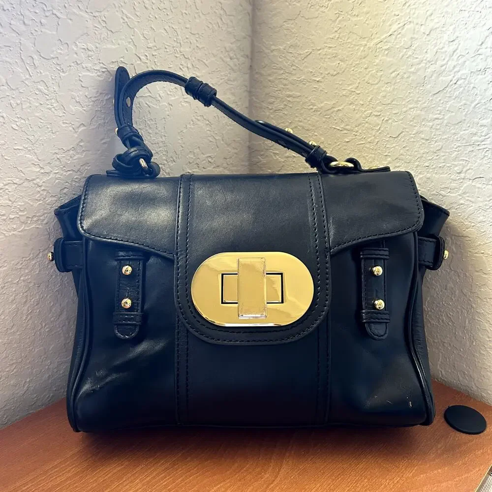 Badgley Mischka Keyra Satchel Black Leather Gold Turnlock Classic Handbag
